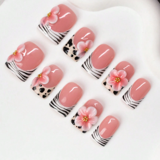 Nailuvia 10pcs Blush Pink Press On Nails | 3D Floral Zebra & Leopard Print Reusable Acrylic Nails
