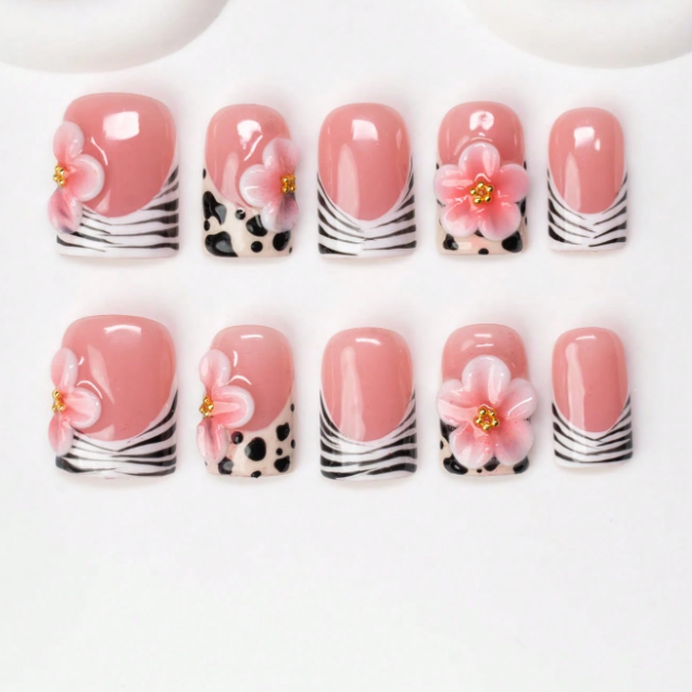 Nailuvia 10pcs Blush Pink Press On Nails | 3D Floral Zebra & Leopard Print Reusable Acrylic Nails