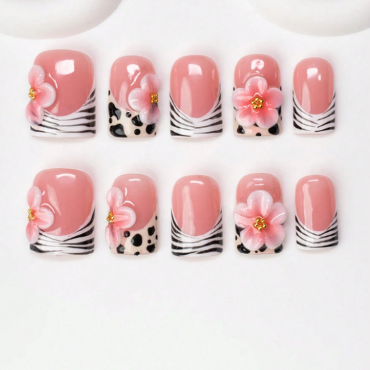 Nailuvia 10pcs Blush Pink Press On Nails | 3D Floral Zebra & Leopard Print Reusable Acrylic Nails