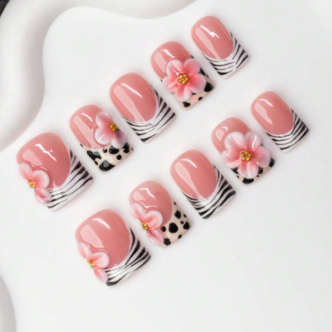 Nailuvia 10pcs Blush Pink Press On Nails | 3D Floral Zebra & Leopard Print Reusable Acrylic Nails