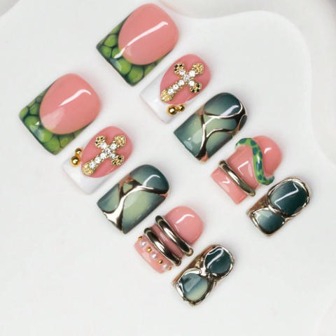 Nailuvia 10pcs Pink Green Press On Nails | Gold Cross Rhinestone & Marble Metal Rim Reusable Acrylic Nails