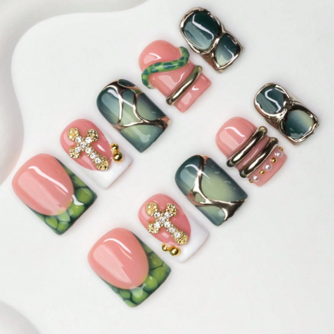 Nailuvia 10pcs Pink Green Press On Nails | Gold Cross Rhinestone & Marble Metal Rim Reusable Acrylic Nails