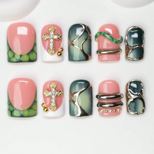 Nailuvia 10pcs Pink Green Press On Nails | Gold Cross Rhinestone & Marble Metal Rim Reusable Acrylic Nails