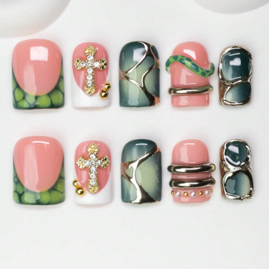 Nailuvia 10pcs Pink Green Press On Nails | Gold Cross Rhinestone & Marble Metal Rim Reusable Acrylic Nails