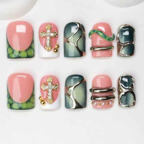 Nailuvia 10pcs Pink Green Press On Nails | Gold Cross Rhinestone & Marble Metal Rim Reusable Acrylic Nails