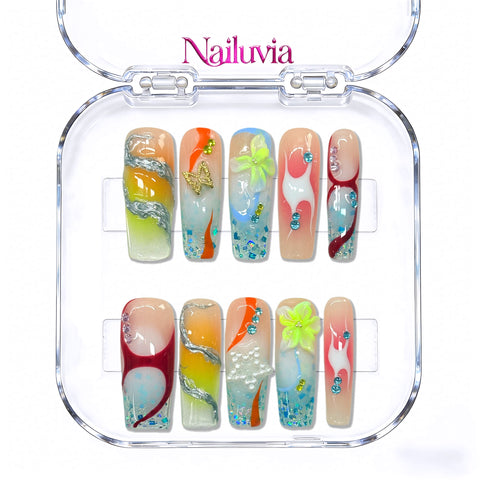 Nailuvia-D127 Midium-Square "Sunset Beach" Press-On Nails