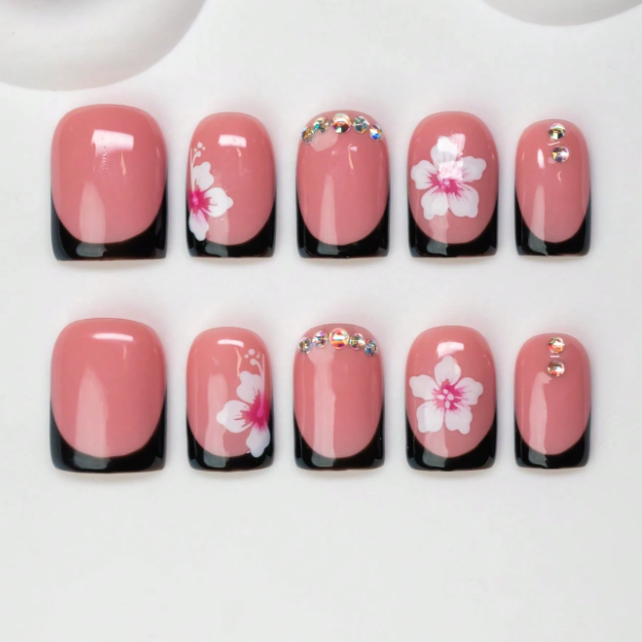 Nailuvia 10pcs Blush Pink French Press On Nails | Black Tip Floral & Iridescent Rhinestone Reusable Acrylic Nails