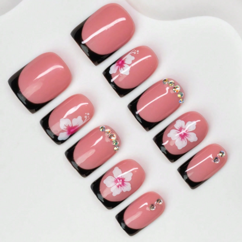 Nailuvia 10pcs Blush Pink French Press On Nails | Black Tip Floral & Iridescent Rhinestone Reusable Acrylic Nails