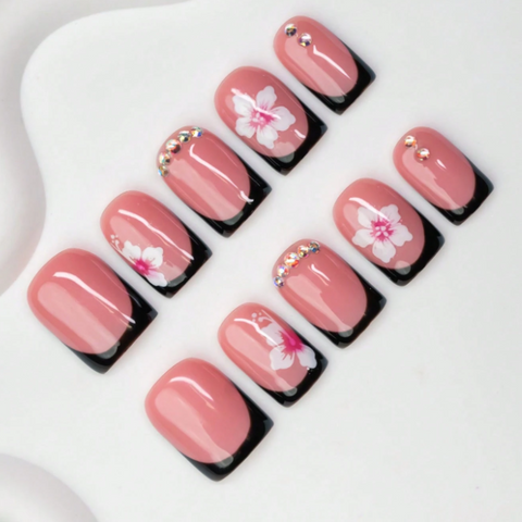 Nailuvia 10pcs Blush Pink French Press On Nails | Black Tip Floral & Iridescent Rhinestone Reusable Acrylic Nails