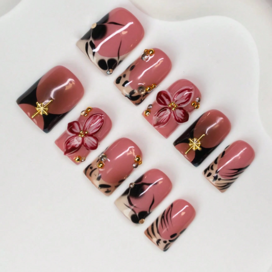 Nailuvia 10pcs Blush Pink Press On Nails | 3D Floral Black Ink Wash & Gold Star Embellished Reusable Acrylic Nails