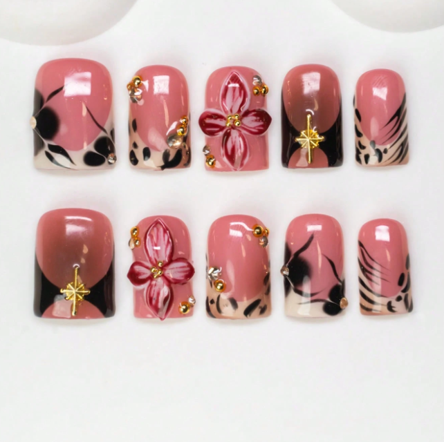 Nailuvia 10pcs Blush Pink Press On Nails | 3D Floral Black Ink Wash & Gold Star Embellished Reusable Acrylic Nails