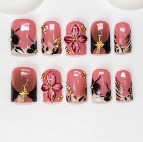 Nailuvia 10pcs Blush Pink Press On Nails | 3D Floral Black Ink Wash & Gold Star Embellished Reusable Acrylic Nails