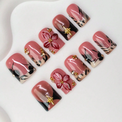 Nailuvia 10pcs Blush Pink Press On Nails | 3D Floral Black Ink Wash & Gold Star Embellished Reusable Acrylic Nails