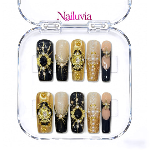 Nailuvia-D121 | 10pcs Y2K Luxury Handmade Acrylic Press On Nails 1.3 Inch Medium Square, Black Gold Baroque Pearl Rhinestone Decor, Reusable False Nails Quick Wear Easy Apply