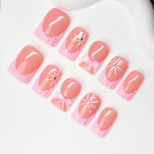 Nailuvia 10pcs Blush Pink French Press On Nails | Pink Bow Crackle Glass & Rhinestone Reusable Acrylic Nails