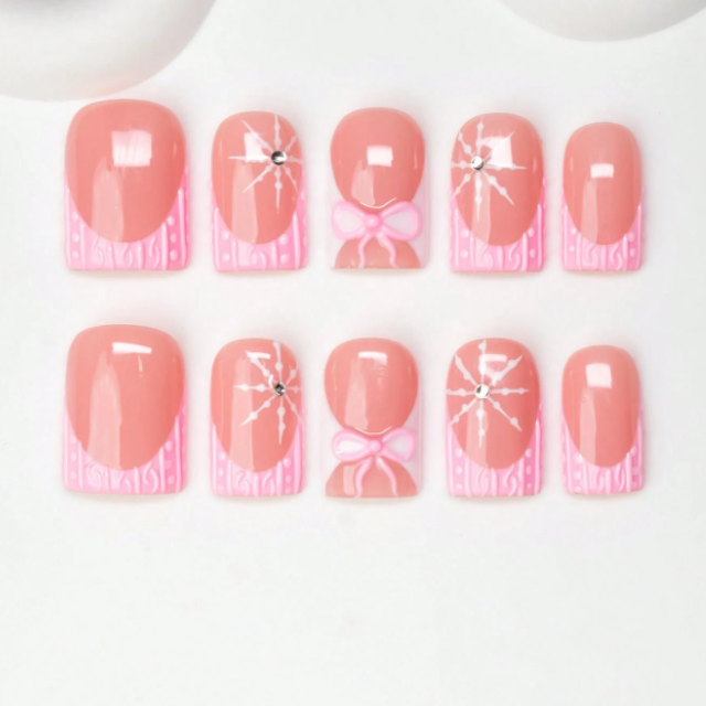 Nailuvia 10pcs Blush Pink French Press On Nails | Pink Bow Crackle Glass & Rhinestone Reusable Acrylic Nails
