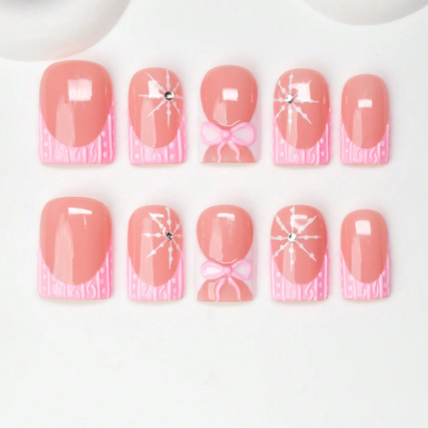 Nailuvia 10pcs Blush Pink French Press On Nails | Pink Bow Crackle Glass & Rhinestone Reusable Acrylic Nails