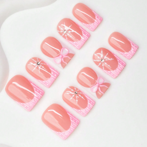 Nailuvia 10pcs Blush Pink French Press On Nails | Pink Bow Crackle Glass & Rhinestone Reusable Acrylic Nails