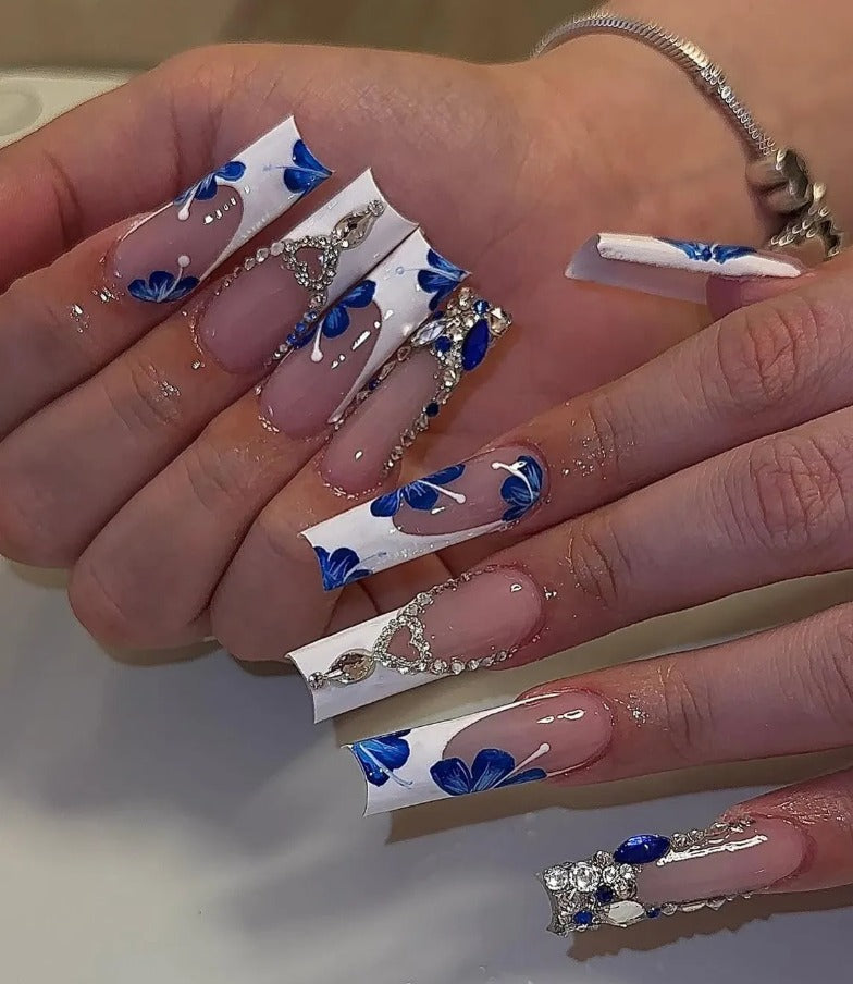 Nailuvia-FR002 French "Azure Blossom" Press-On Nails