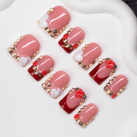 Nailuvia 10pcs Blush Pink Press On Nails | Burgundy Red Accent Gold Rhinestone & 3D Heart Reusable Acrylic Nails