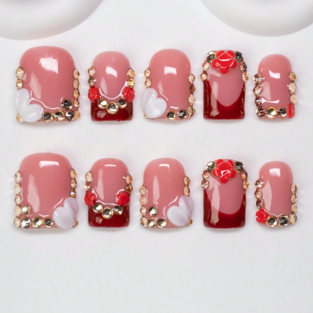 Nailuvia 10pcs Blush Pink Press On Nails | Burgundy Red Accent Gold Rhinestone & 3D Heart Reusable Acrylic Nails