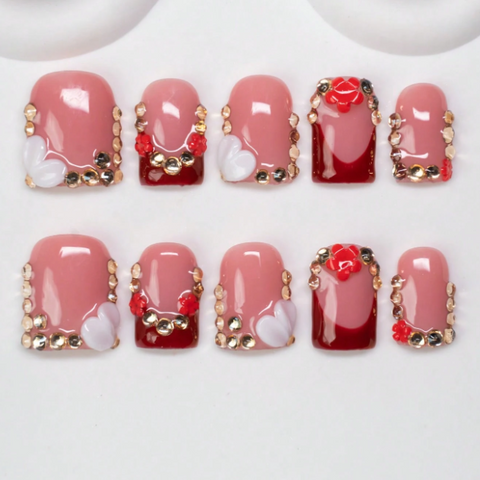 Nailuvia 10pcs Blush Pink Press On Nails | Burgundy Red Accent Gold Rhinestone & 3D Heart Reusable Acrylic Nails