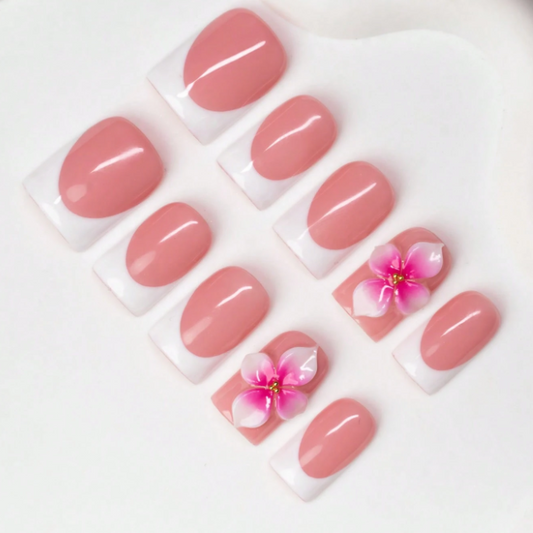 Nailuvia 10pcs Blush Pink French Press On Nails | 3D Plumeria Floral Accent Reusable Acrylic Nails