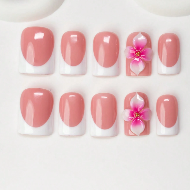 Nailuvia 10pcs Blush Pink French Press On Nails | 3D Plumeria Floral Accent Reusable Acrylic Nails