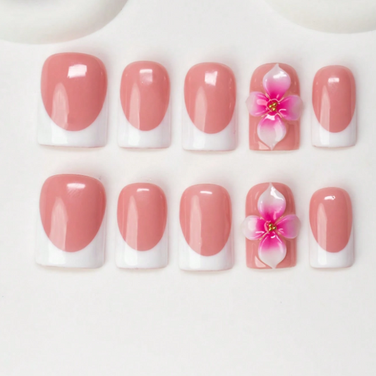 Nailuvia 10pcs Blush Pink French Press On Nails | 3D Plumeria Floral Accent Reusable Acrylic Nails