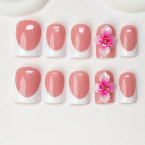 Nailuvia 10pcs Blush Pink French Press On Nails | 3D Plumeria Floral Accent Reusable Acrylic Nails