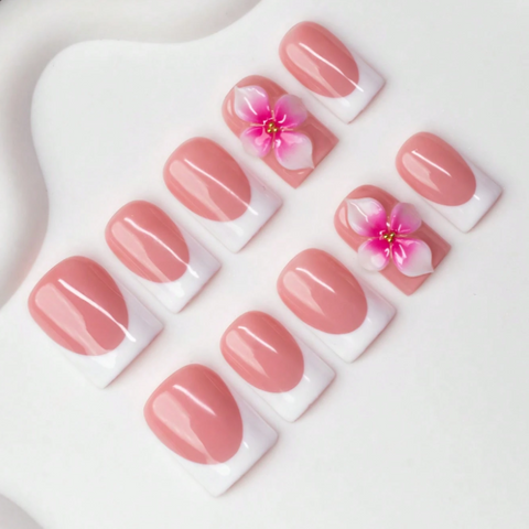 Nailuvia 10pcs Blush Pink French Press On Nails | 3D Plumeria Floral Accent Reusable Acrylic Nails