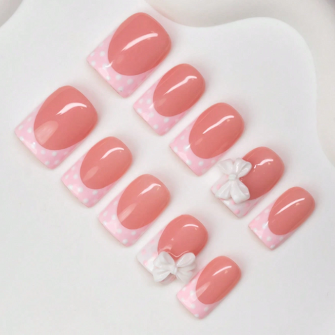 Nailuvia 10pcs Blush Pink French Press On Nails | Pink Polka Dot & 3D White Bow Reusable Acrylic Nails