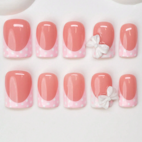 Nailuvia 10pcs Blush Pink French Press On Nails | Pink Polka Dot & 3D White Bow Reusable Acrylic Nails