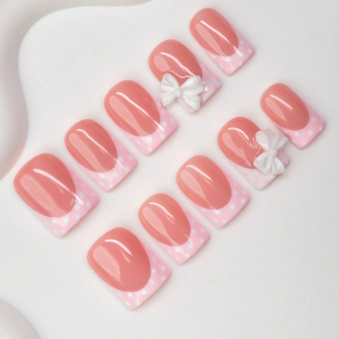 Nailuvia 10pcs Blush Pink French Press On Nails | Pink Polka Dot & 3D White Bow Reusable Acrylic Nails