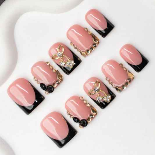 Nailuvia 10pcs Pink Black French Press On Nails | Rhinestone Embellished Reusable Acrylic Nails
