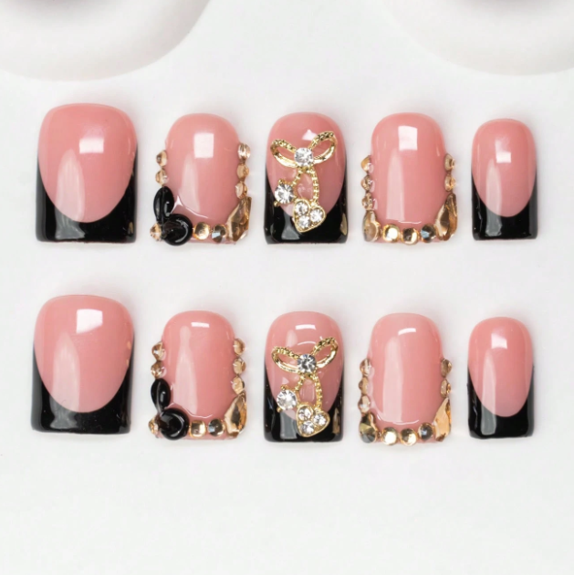 Nailuvia 10pcs Pink Black French Press On Nails | Rhinestone Embellished Reusable Acrylic Nails