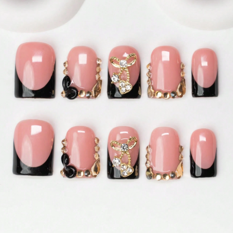 Nailuvia 10pcs Pink Black French Press On Nails | Rhinestone Embellished Reusable Acrylic Nails