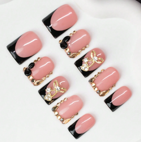 Nailuvia 10pcs Pink Black French Press On Nails | Rhinestone Embellished Reusable Acrylic Nails