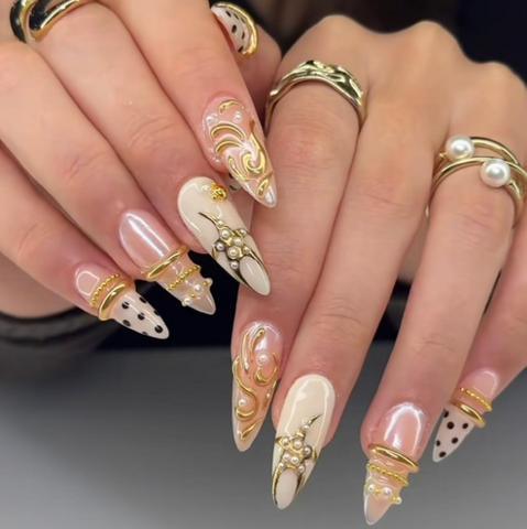 Nailuvia 10pcs Stiletto Press On Nails | Cream White Gold Swirl Pearl & Polka Dot Reusable Acrylic Nails