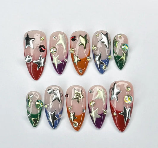 Nailuvia-AL019 Almond "Rainbow Starfall" Press-On Nails