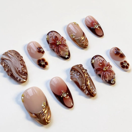 Nailuvia-AL013 Almond "Mocha Bloom" Press-On Nails