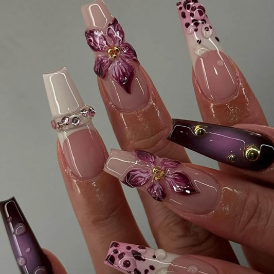 Nailuvia 10pcs Long Coffin Press On Nails | Deep Purple 3D Floral Leopard Print & Gold Stud Reusable Acrylic Nails