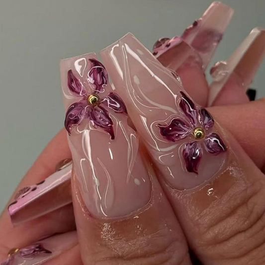 Nailuvia 10pcs Long Coffin Press On Nails | Deep Purple 3D Floral Leopard Print & Gold Stud Reusable Acrylic Nails