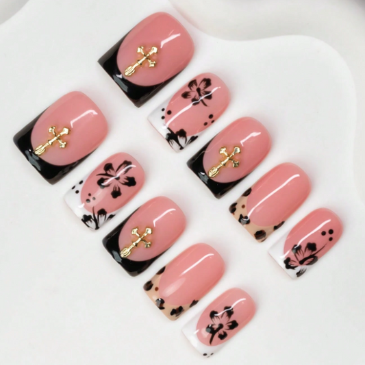 Nailuvia 10pcs Blush Pink Press On Nails | Black Floral Leopard & Gold Cross Reusable Acrylic Nails