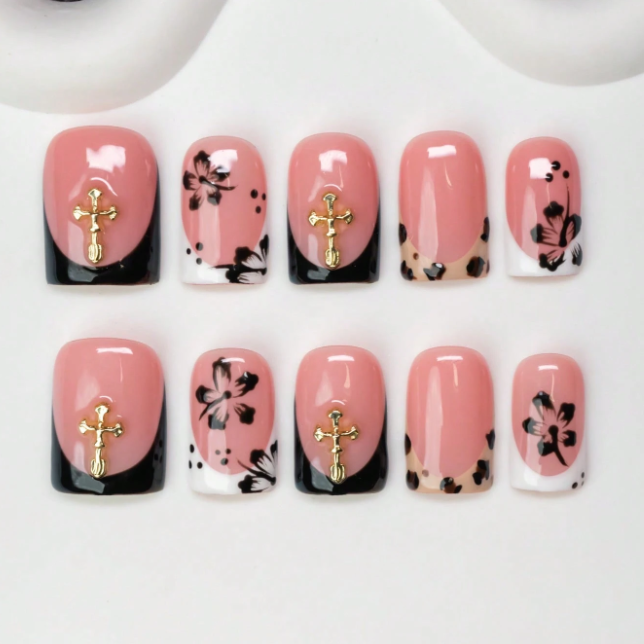 Nailuvia 10pcs Blush Pink Press On Nails | Black Floral Leopard & Gold Cross Reusable Acrylic Nails