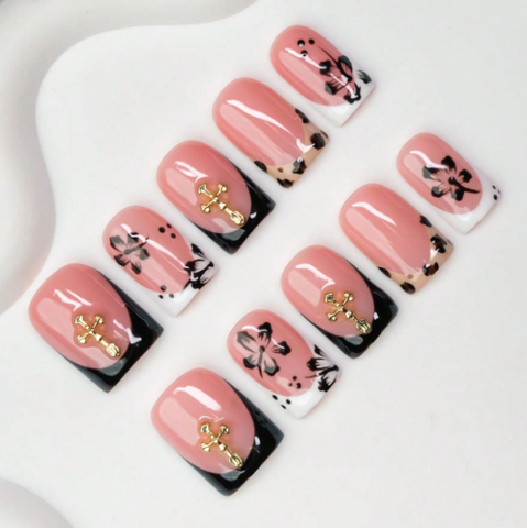 Nailuvia 10pcs Blush Pink Press On Nails | Black Floral Leopard & Gold Cross Reusable Acrylic Nails