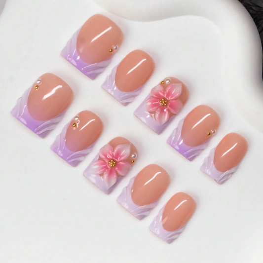 Nailuvia 10pcs Blush Pink Press On Nails | Lavender Gradient Wave & 3D Floral Gold Bead Reusable Acrylic Nails