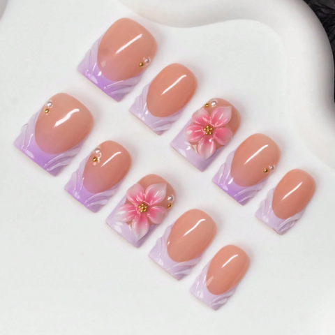 Nailuvia 10pcs Blush Pink Press On Nails | Lavender Gradient Wave & 3D Floral Gold Bead Reusable Acrylic Nails