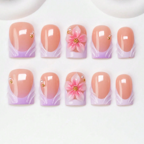 Nailuvia 10pcs Blush Pink Press On Nails | Lavender Gradient Wave & 3D Floral Gold Bead Reusable Acrylic Nails