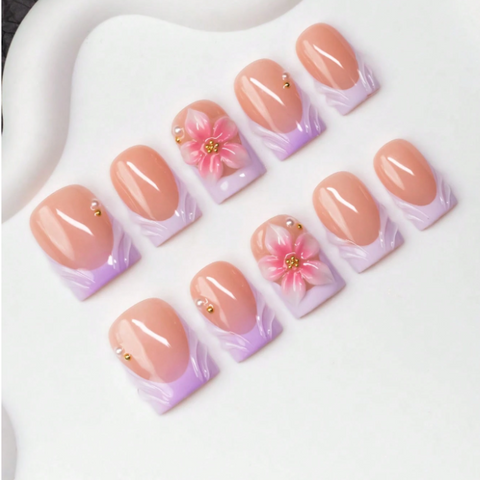 Nailuvia 10pcs Blush Pink Press On Nails | Lavender Gradient Wave & 3D Floral Gold Bead Reusable Acrylic Nails